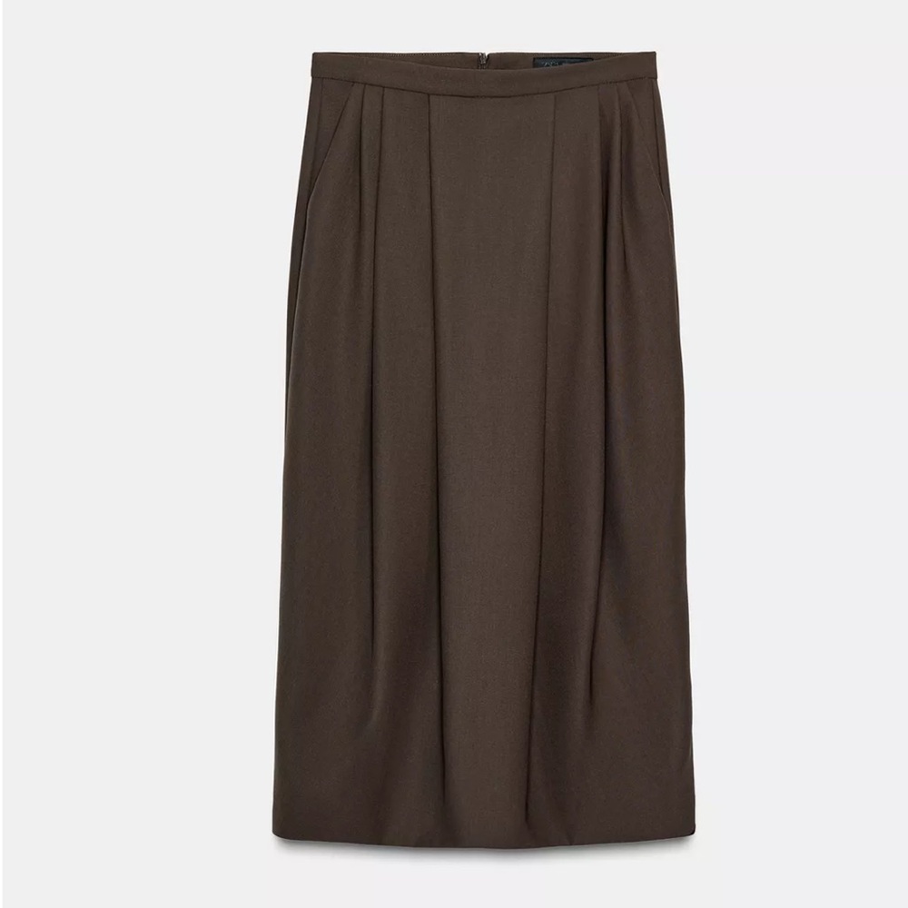 Zara NWT brown pleated midi skirt wool blend